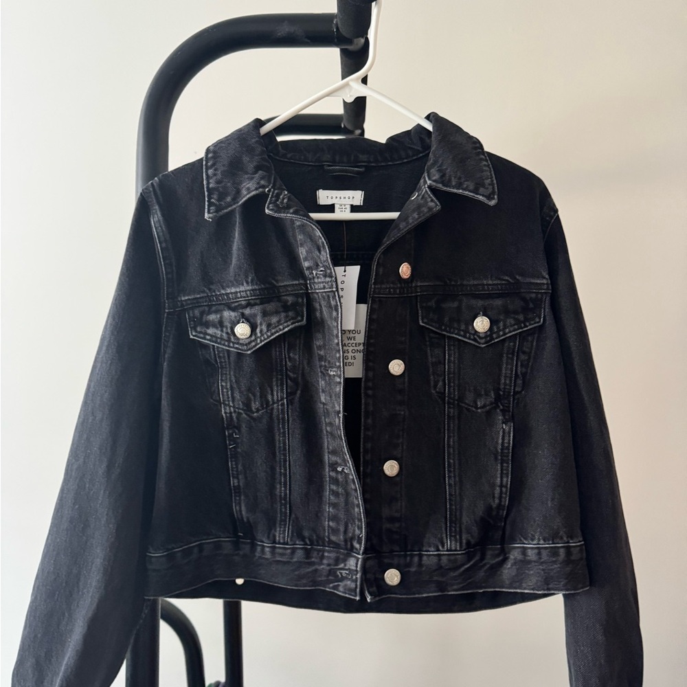 Topshop Black Cropped Denim Jacket with Button Front